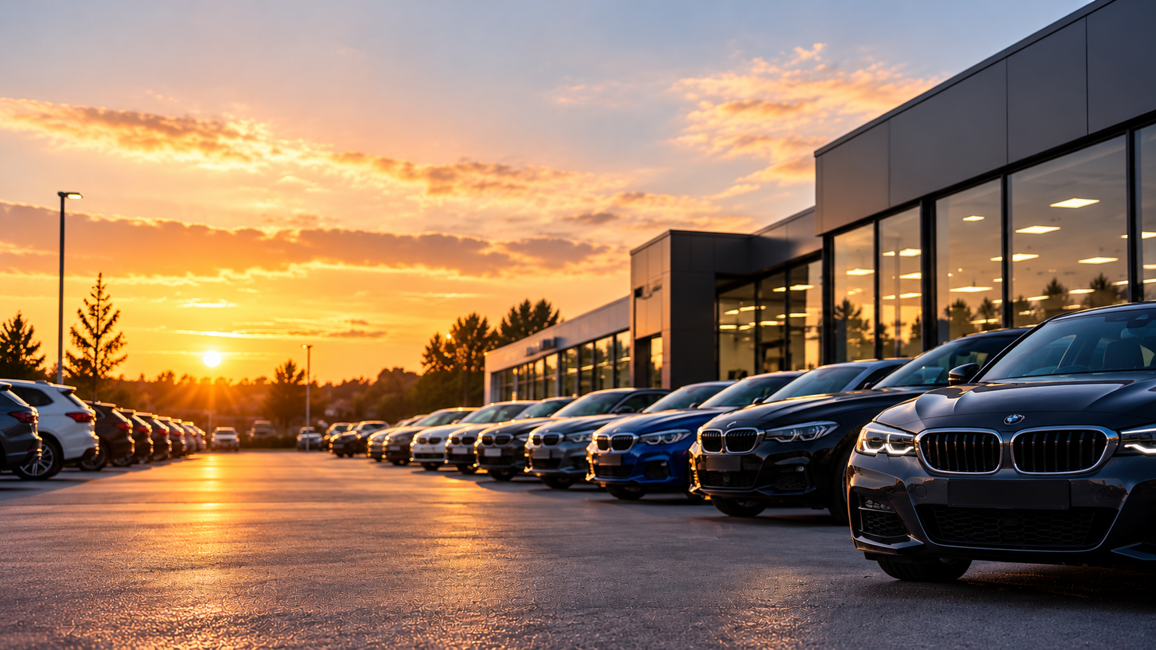 Dealership forecourt at sunset